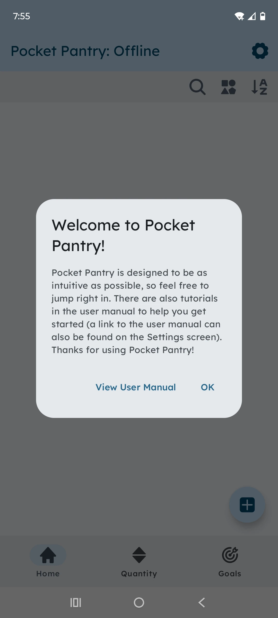 Pocket Pantry welcome screen