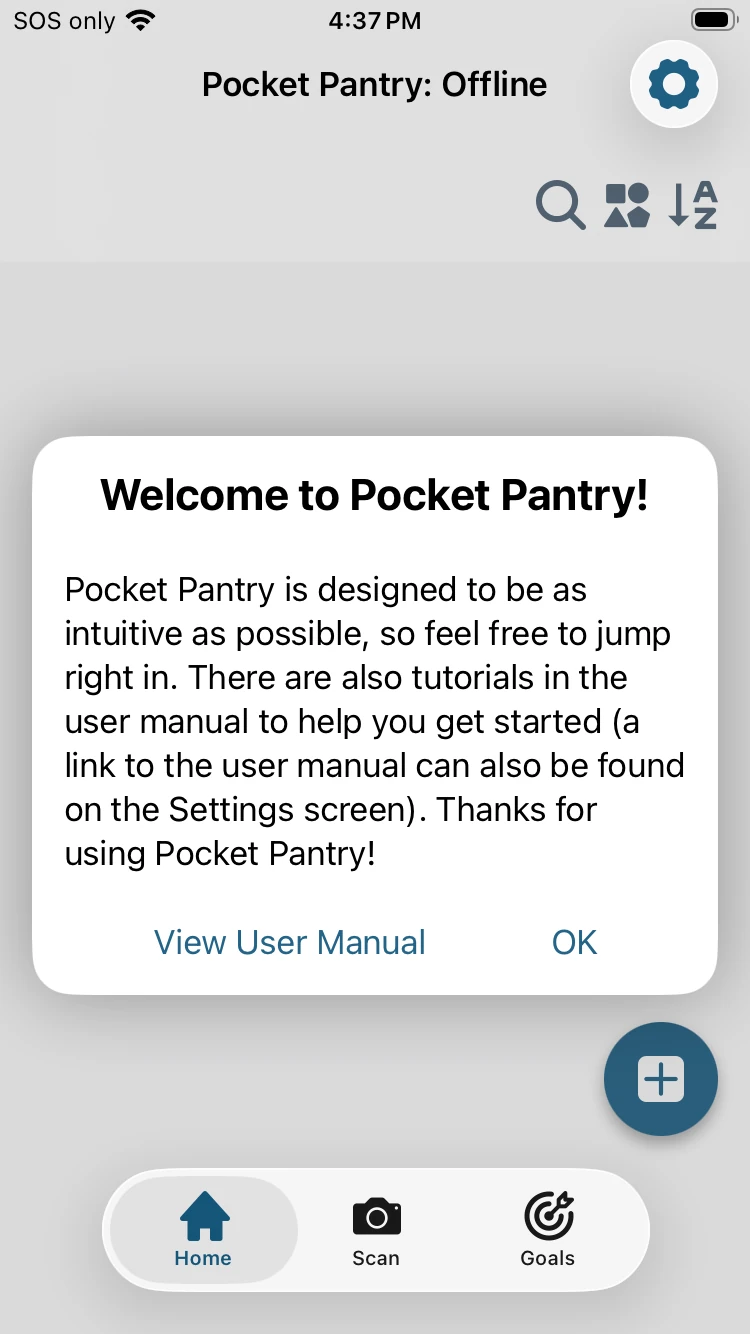 Pocket Pantry welcome screen